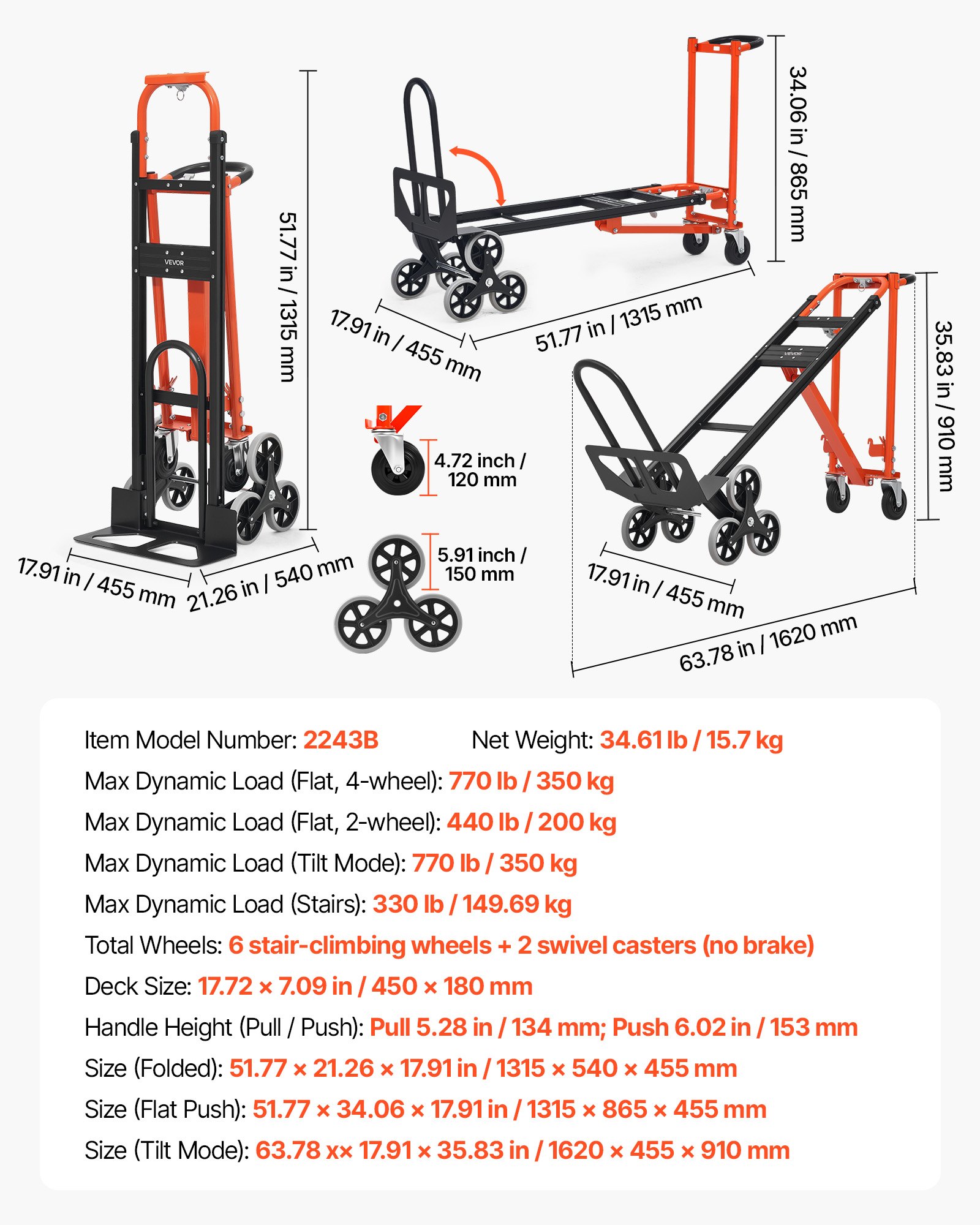 VEVOR Carrello a Scala Pieghevole per Traslochi, Carico Massimo 350 kg con Maniglia e Ruote, Carrello Multiuso per Salire le Scale per Trasporto e Trasloco, per Generi Alimentari, Magazzino