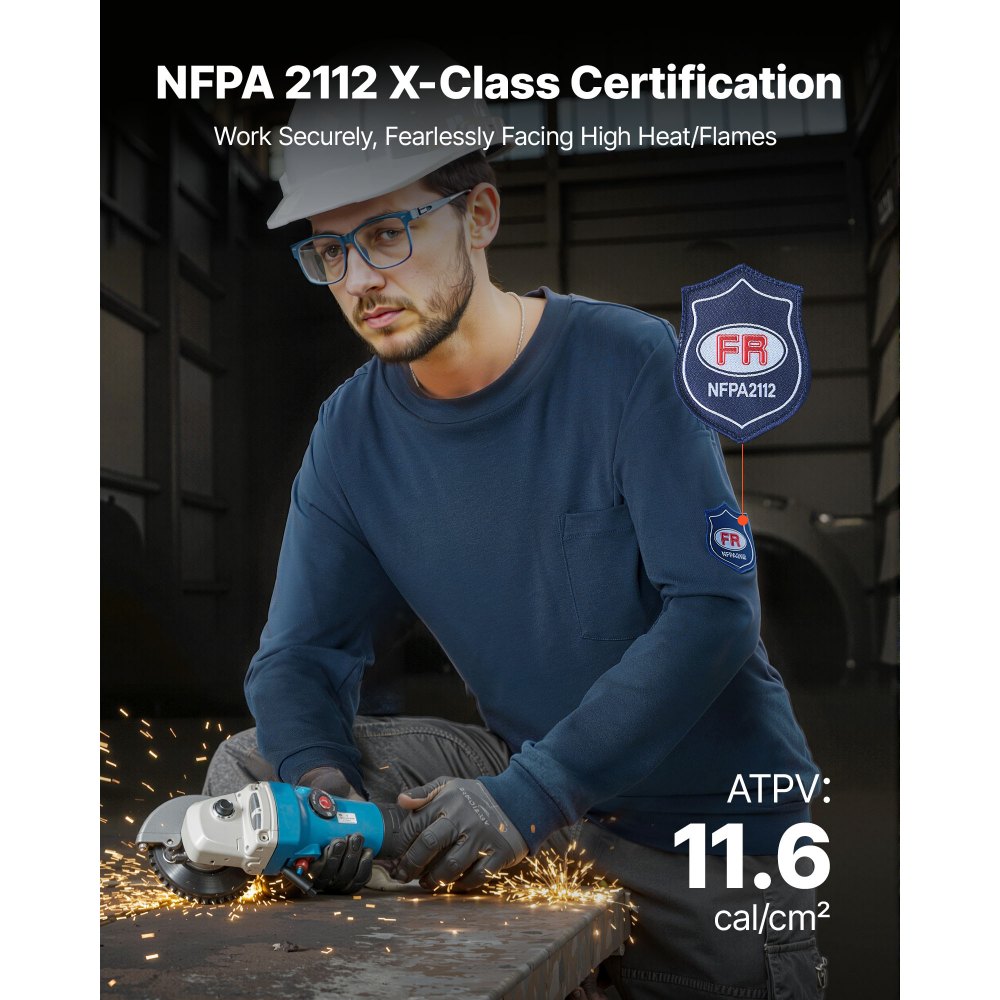 VEVOR FR Camicie, Abbigliamento Ignifugo a Maniche Lunghe, Traspirante Camicia da Lavoro Ignifuga da Uomo con Trattamento Pre-Restringimento e Tasca, per Saldatori, Elettricisti, Blu Navy M