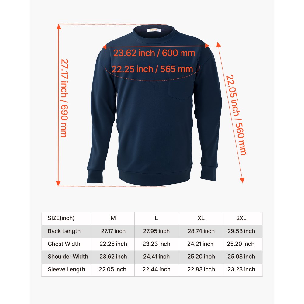 VEVOR FR Camicie, Abbigliamento Ignifugo a Maniche Lunghe, Traspirante Camicia da Lavoro Ignifuga da Uomo con Trattamento Pre-Restringimento e Tasca, per Saldatori, Elettricisti, Blu Navy M