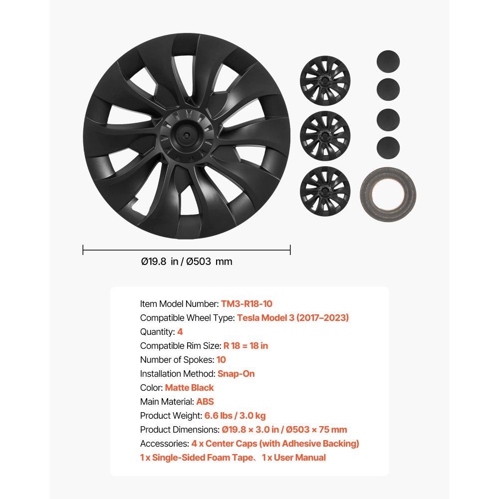 VEVOR Copricerchi 4 pezzi R18 10 Raggi Protezione per Cerchi di Ricambio, Set di Copricerchi  Compatibile Tesla Model 3 2017-2023 4 pz Sostituzione Protezione Cerchi ABS Fissaggio a Clip, Nero