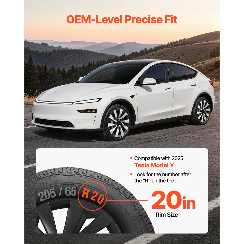 VEVOR Copricerchi di Ricambio per Auto Set da 4 pezzi, Sostituzione per Cerchi R20 20 pollici Compatibili con Tesla Model Y 2025, Ricambio Protezione per Cerchi 10 Raggi in ABS, Nero Opaco