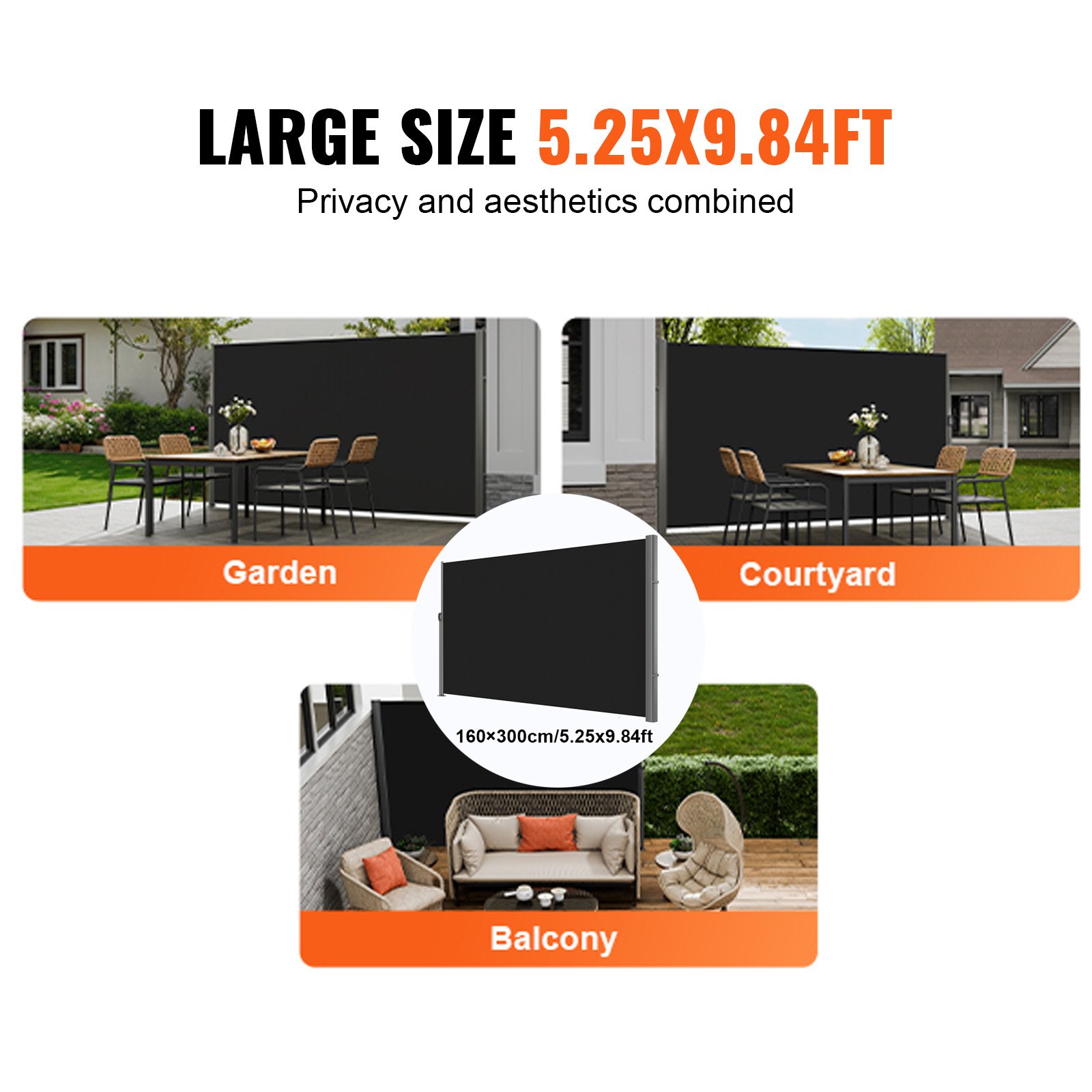 VEVOR Tende da Sole 160 x 300 cm, Paravento Laterale Frangivento Estensibile Protezione da Sole da Giardino, Tendalino Ideale per Spazi Esterni Schermo da Patio a Scomparsa Retrattile Colore Nero