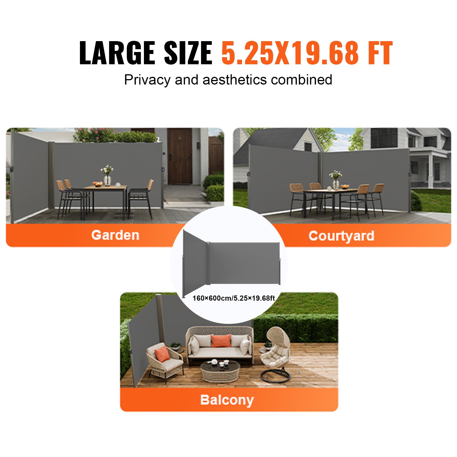 VEVOR Tende da Sole 160 x 600 cm, Paravento Laterale Frangivento Estensibile Protezione da Sole da Giardino, Tendalino Ideale per Spazi Esterni, Schermo da Patio Divisorio Retrattile Colore Grigio