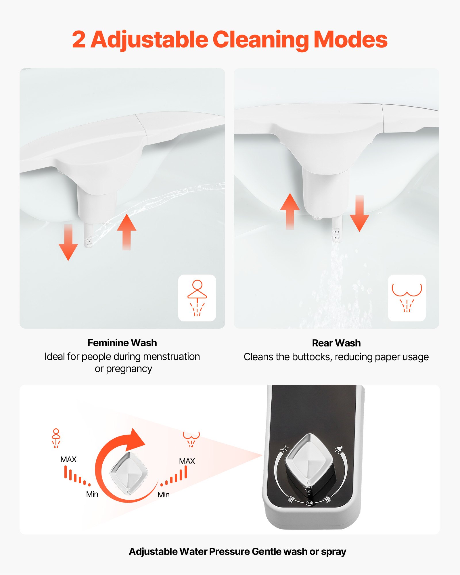 VEVOR Attacco per WC Bidet da 7 mm, Attacco per Sedile WC Ultrasottile con 2 Ugelli Retrattili e Pressione dell'Acqua Regolabile, Spruzzatore di Acqua Fredda non Elettrico, Anteriore e posteriore