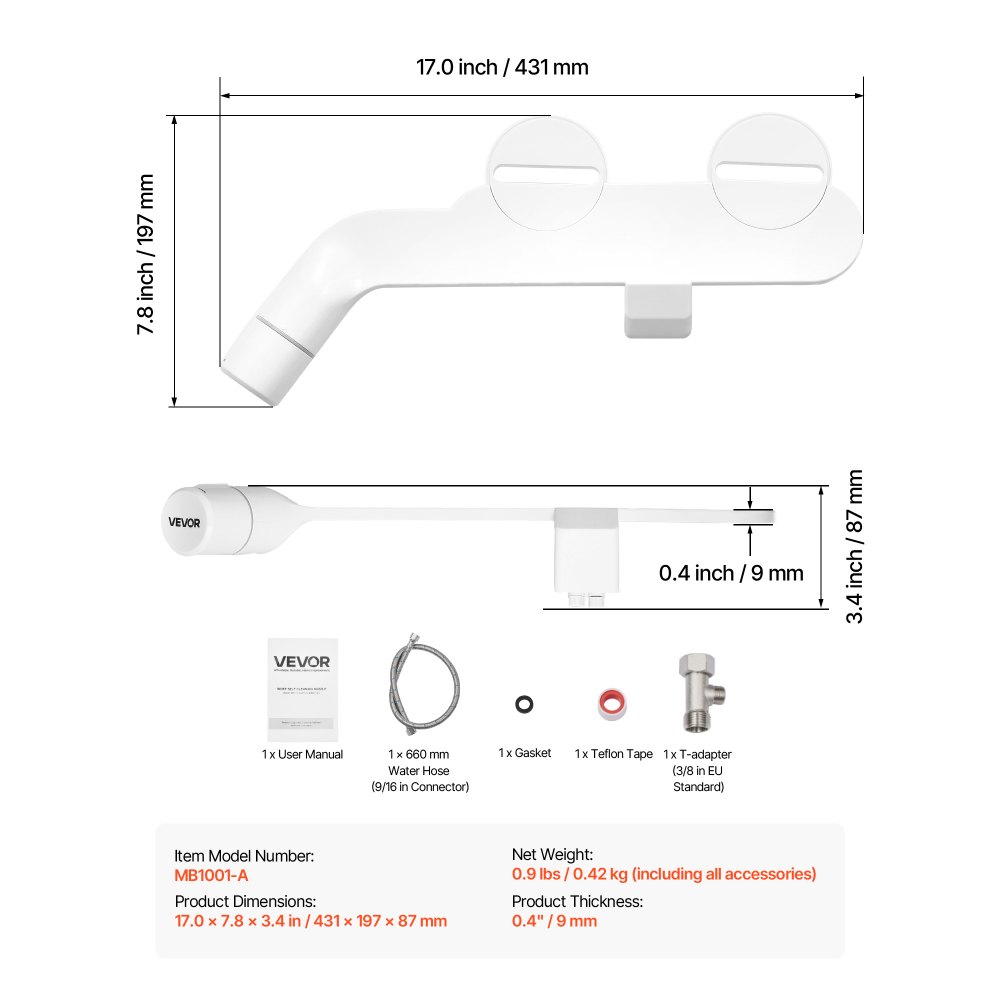 VEVOR Attacco per WC Bidet Non Elettrico con Doppio Ugello Estensibile e Pressione dell'Acqua Fredda Regolabile, Ingresso in Acciaio Inossidabile, Ideale per Glutei e Lavaggio Intimo, Bianco
