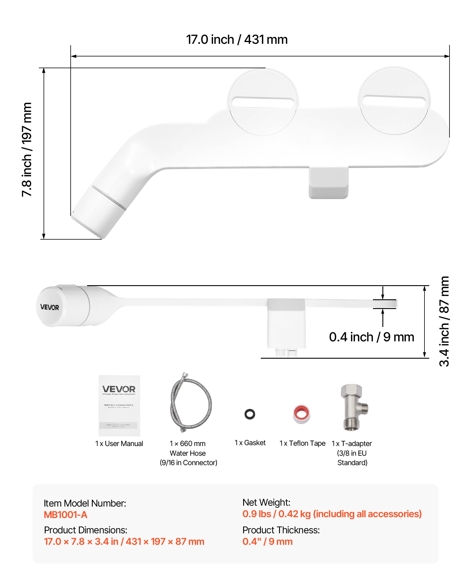 VEVOR Attacco per WC Bidet Non Elettrico con Doppio Ugello Estensibile e Pressione dell'Acqua Fredda Regolabile, Ingresso in Acciaio Inossidabile, Ideale per Glutei e Lavaggio Intimo, Bianco