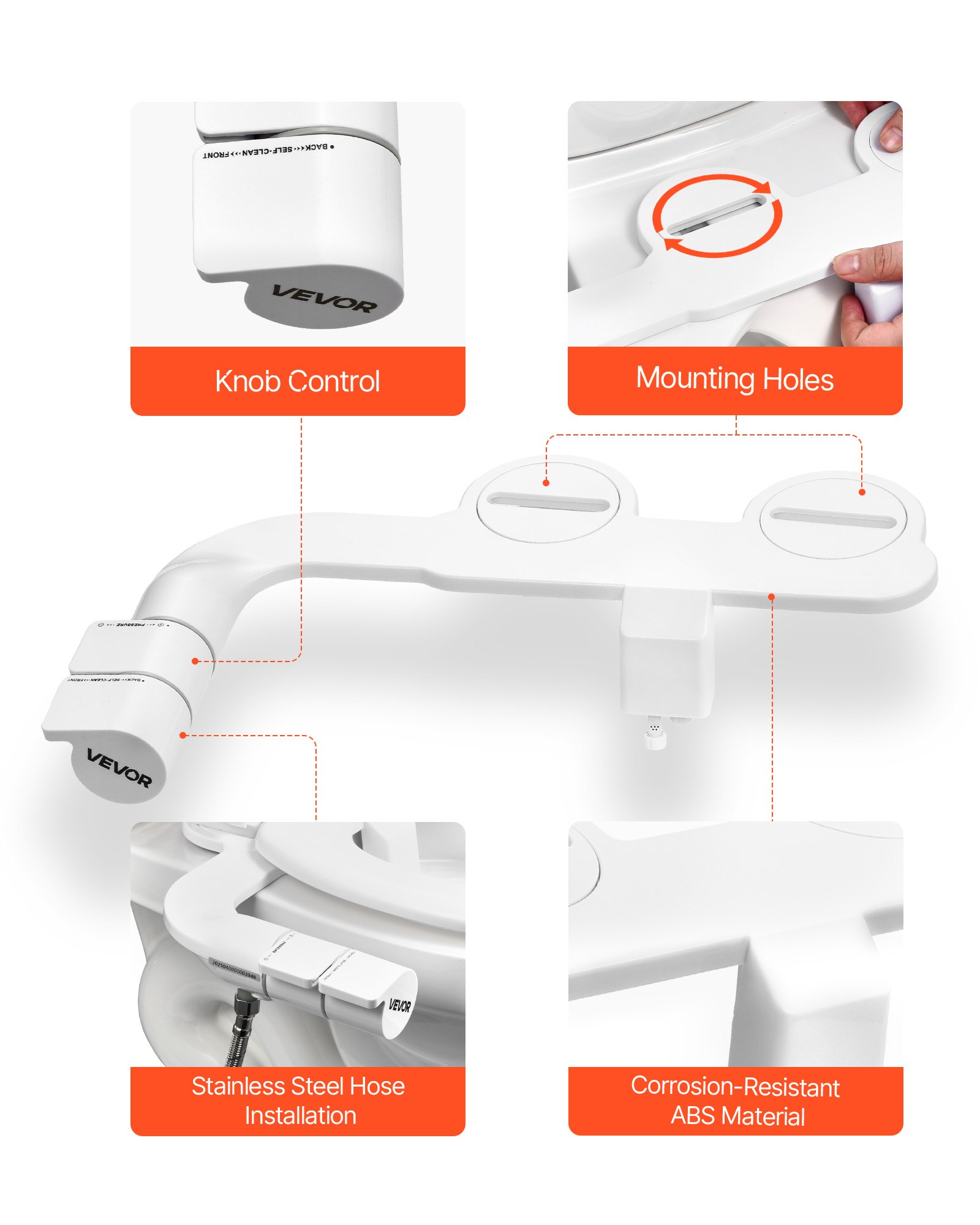 VEVOR Attacco per WC Bidet Ultra Sottile con 2 Ugelli Retrattili e Pressione dell'Acqua Regolabile e Doppia Manopola, Stile Maniglia, Spruzzatore di Acqua Fredda Facile da Installare