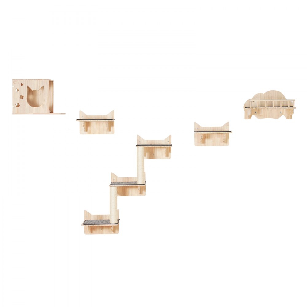 VEVOR Mensole da Parete per Gatti Set da 5, Posatoi Montati a Parete per Gatti con Trampolini, Nido, Barriera, Albero per Gatti, Set di Mobili da Parete per Gatti Fino a 18,14 kg per Dormire, Giocare