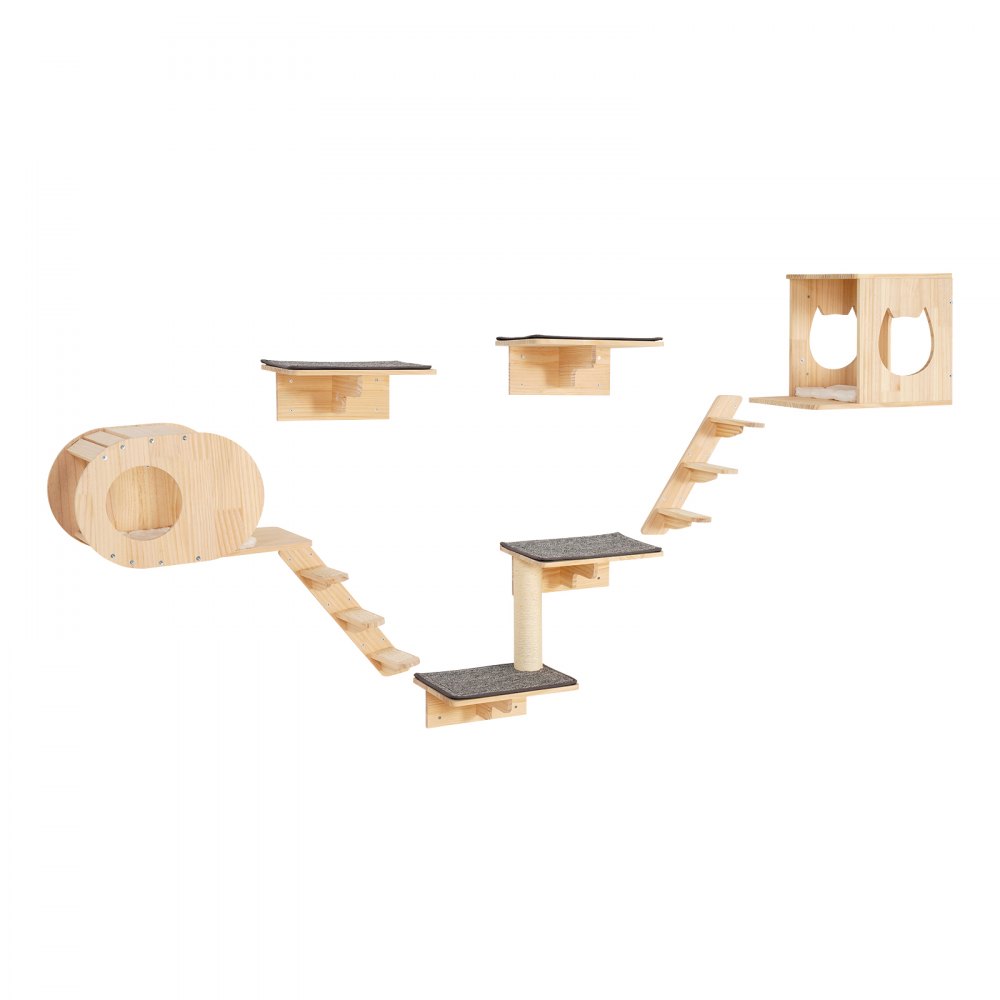 VEVOR Mensole da Parete per Gatti Set da 7, Posatoi Montati a Parete per Gatti con Trampolini, Cucce per gatti, Amache, Set di Mobili da Parete per Gatti Fino a 18,14 kg per Dormire, Arrampicarsi