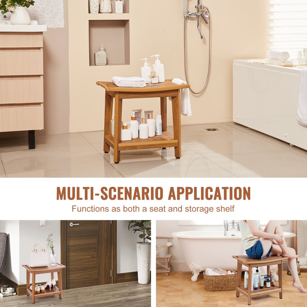 VEVOR Panca da Doccia in Legno Polivalente 21" x 14" x 18" Sgabello da Doccia con Maniglia per Riporre Carico Massimo 160 kg Resistente all'Acqua Antiscivolo per Bagno Soggiorno Camera da Letto