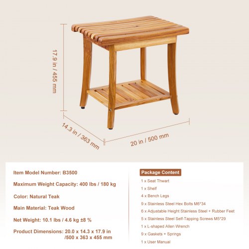 Panca Da Doccia In Teak EcoDecors Satori 45,7 Cm - Sgabello Impermeabile Con Ripiano, Portata 113 Kg