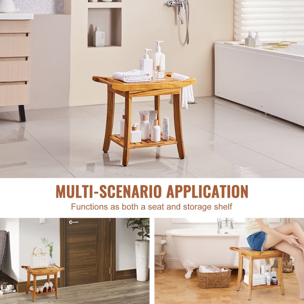 VEVOR Panca per Doccia in Teak 560 x 365 x 470 mm Sgabello per Doccia in Legno Impermeabile con Maniglia per Ripiano e Piedini Antiscivolo, Capacità di 136,1 kg per Bagno per Uso Interno ed Esterno
