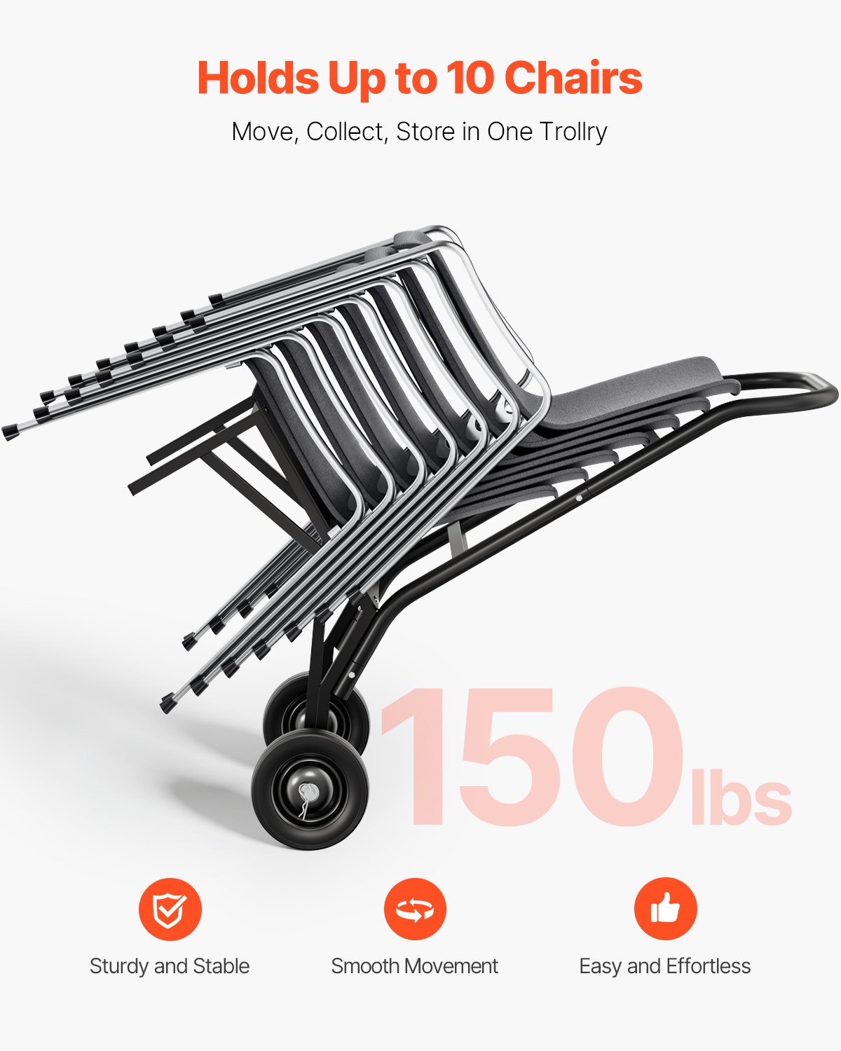 VEVOR Porta Sedie Pieghevole, Capacità di Carico 68 kg Carrello per Sedie Resistente per Impilare 10 Sedie, Carrello Porta Sedie in Metallo Multifunzione, Ruote in Gomma, Supporto per Sedia a Spinta