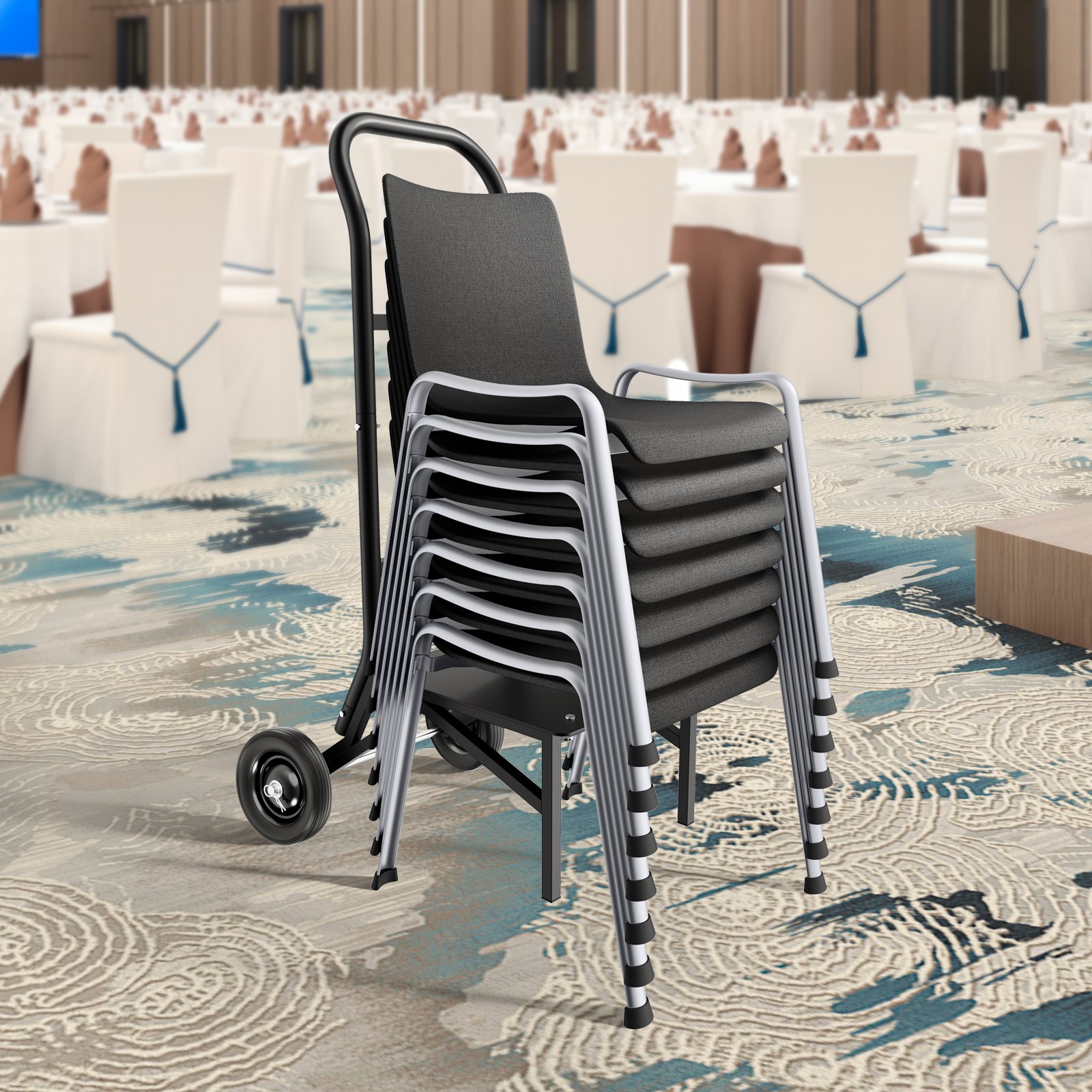 VEVOR Porta Sedie Pieghevole, Capacità di Carico 68 kg Carrello per Sedie Resistente per Impilare 10 Sedie, Carrello Porta Sedie in Metallo Multifunzione, Ruote in Gomma, Supporto per Sedia a Spinta