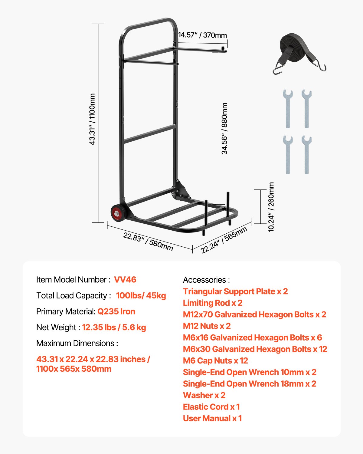 VEVOR Porta Sedie Pieghevole, Capacità 45 kg, Carrello per Sedie Resistente per Appendere 10 Sedie, Carrello Porta Sedie in Metallo Multifunzione con Ruote in Gomma, Supporto per Sedia a Spinta, Nero