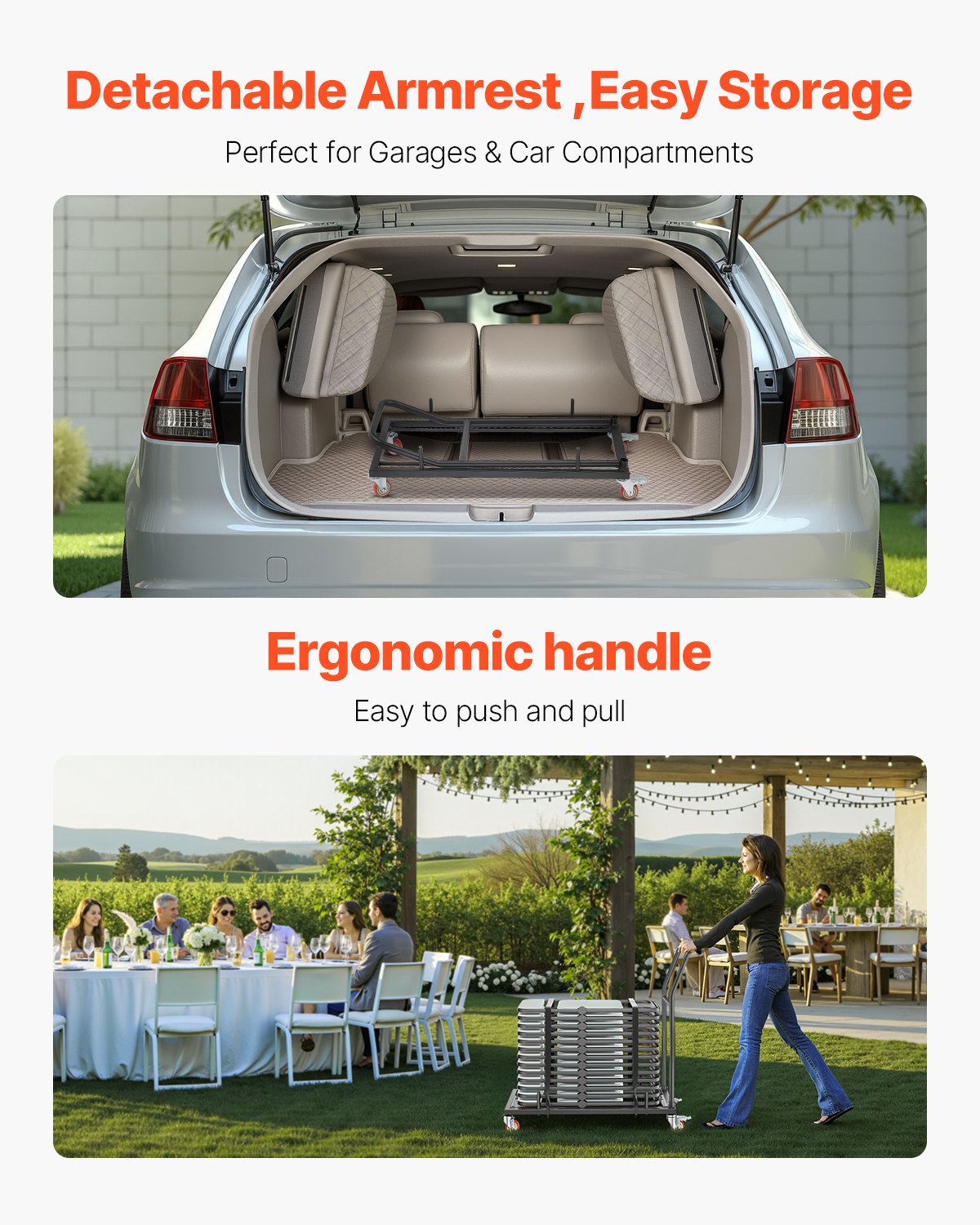 VEVOR Porta Sedie Pieghevole, Capacità 136 kg Carrello Porta Sedie a L per Posizionamento Orizzontale per 25 Sedie, Carrello Porta Sedie in Metallo Resistente con Ruote in Gomma e Supporti, Nero Opaco