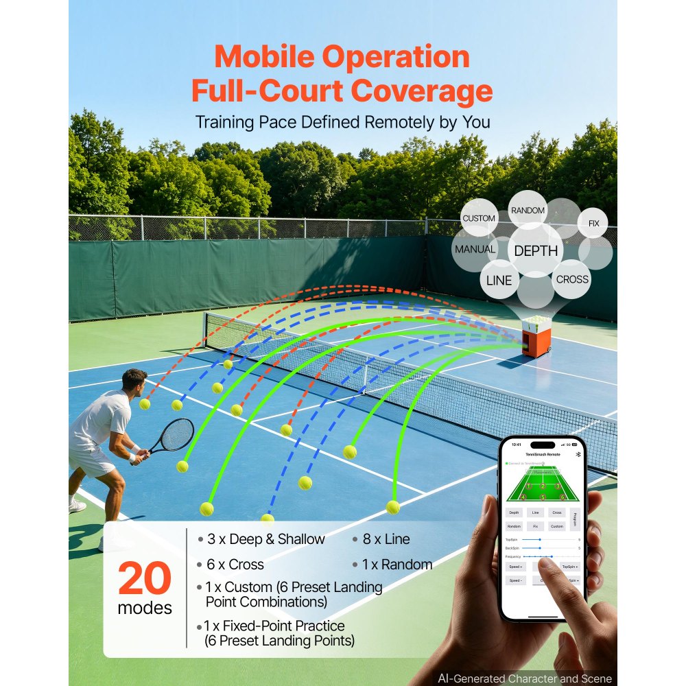 VEVOR Lanciatore di Palline da Tennis in Metallo Capacità da 110 Palline Controllo Remoto APP, Capacità di 150 Palline, 20 Modalità di Allenamento, Velocità fino a 75 MPH, Durata Batteria da 4 Ore