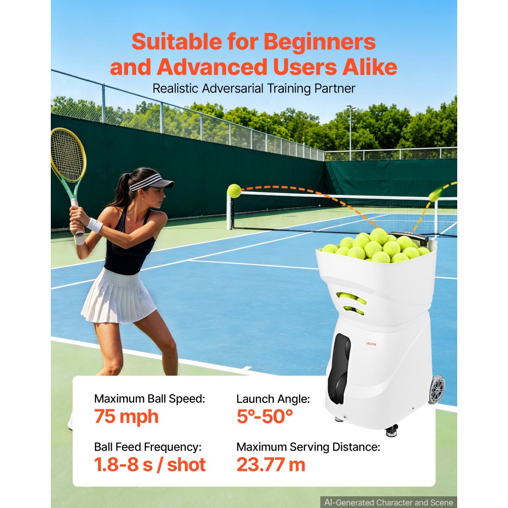 VEVOR Macchina Lanciapalle da Tennis Automatica 110 Palline Controllo APP Lanciatore per Palline da Tennis, con 21 Modalità di Allenamento, Batteria di 4 Ore, Velocità fino a 75 MPH, con Manico Ruote