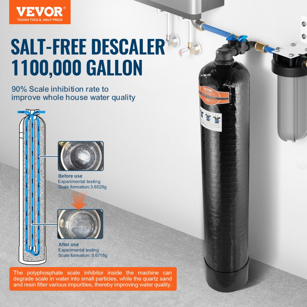 VEVOR Addolcitore Acqua Senza Sale Uso Domestico 5-8 Persone, Sistema Disincrostazione dell'Acqua di Città, BSPT da 1" e BSPT da 3/4", Addolcitore per Acqua Flusso max .3,4 m³/h per Tubazione