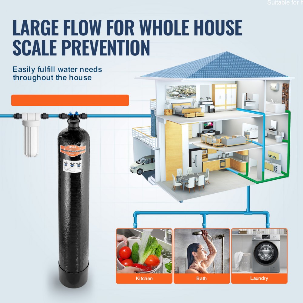 VEVOR Addolcitore Acqua Senza Sale Uso Domestico 5-8 Persone, Sistema Disincrostazione dell'Acqua di Città, BSPT da 1" e BSPT da 3/4", Addolcitore per Acqua Flusso max .3,4 m³/h per Tubazione