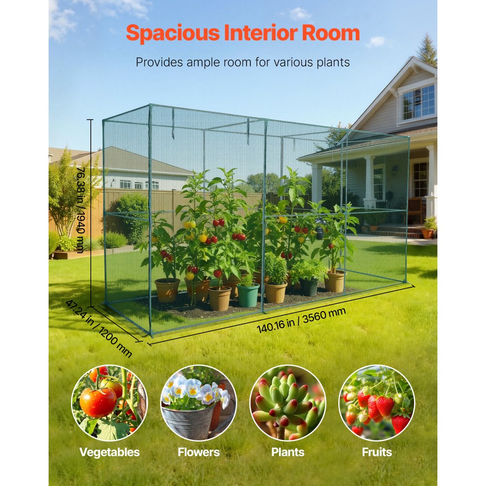 VEVOR Rete Anti Uccelli per Orto da 3,56 x 1,2 x 1,94 m con Porta con Cerniera, Gabbia per Colture Alta Resistente al Vento, Facile da Installare, Copertura per Aiuole Rialzate da Esterno