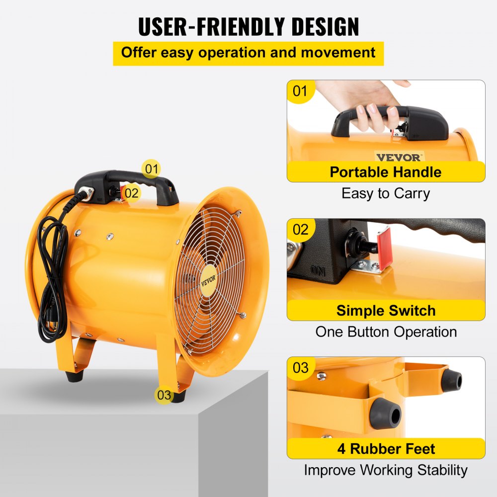 VEVOR Ventilatore Portatile, Diametro 12 Pollici 2296 CFM Velocità 2920 giri/min Soffiatore di Utilità per Fabbriche, Hotel, Cantine, Palazzetti dello Sport e Officine di Riparazione Automobili.