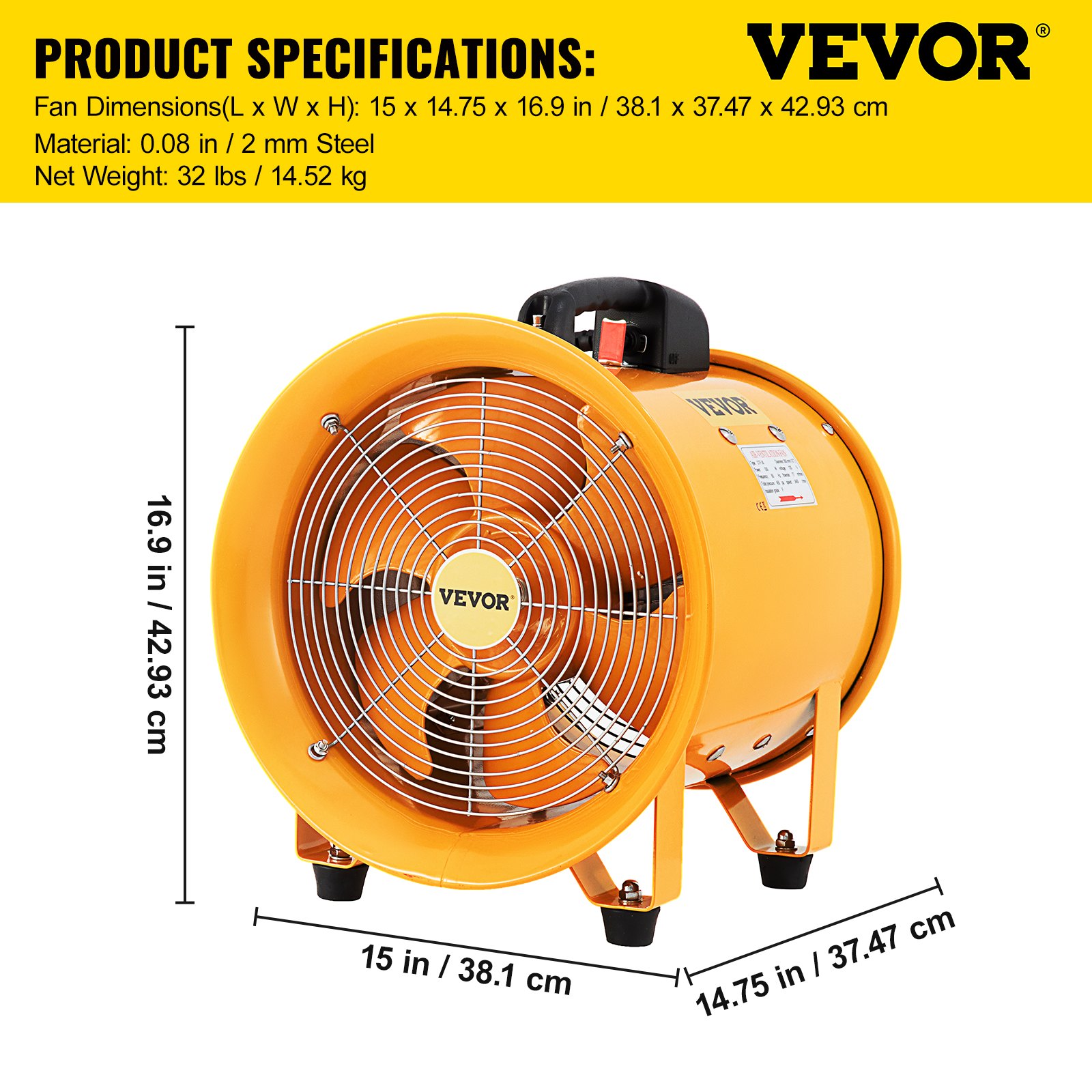VEVOR Ventilatore Portatile, Diametro 12 Pollici 2296 CFM Velocità 2920 giri/min Soffiatore di Utilità per Fabbriche, Hotel, Cantine, Palazzetti dello Sport e Officine di Riparazione Automobili.