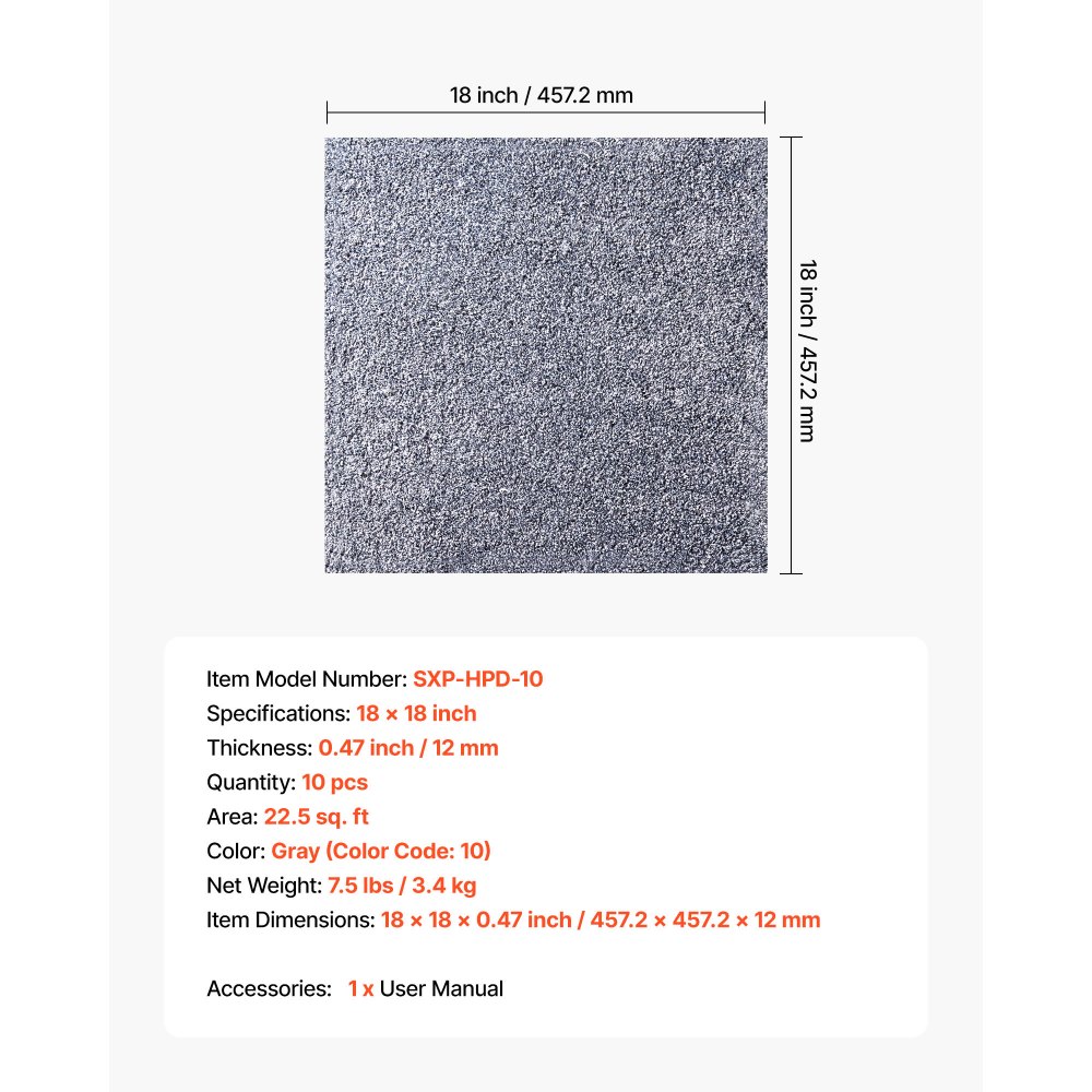 VEVOR Piastrelle per Moquette, 457x457 mm, Confezione da 10 Tappeti Quadrati Staccabili e Attaccabili, Autoadesive per Pavimenti Morbidi Imbottiti per Copertura 2,1㎡, per Soggiorno Ufficio, Grigio