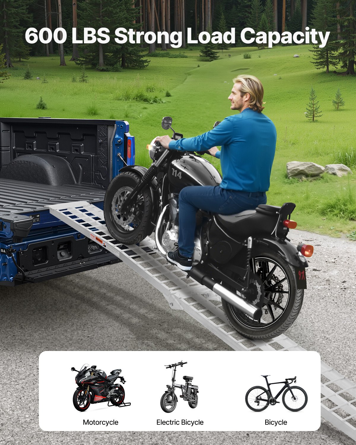 VEVOR Rampe in Alluminio da 272,15 kg 1 Pezzo, Rampa di Carico Universale Stabile con Maniglie, Superficie di Rampa più Ampia, Adatta per Motociclette, Biciclette Elettriche, Biciclette