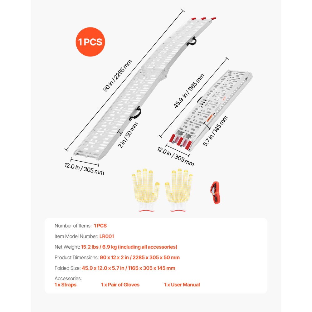VEVOR Rampe in Alluminio da 340,19 kg 1 Pezzo, Rampa di Carico Universale Stabile con Maniglie, Superficie di Rampa più Ampia, Adatta per Motociclette, Biciclette Elettriche, Biciclette