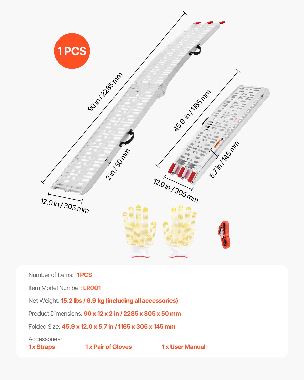 VEVOR Rampe in Alluminio da 340,19 kg 1 Pezzo, Rampa di Carico Universale Stabile con Maniglie, Superficie di Rampa più Ampia, Adatta per Motociclette, Biciclette Elettriche, Biciclette
