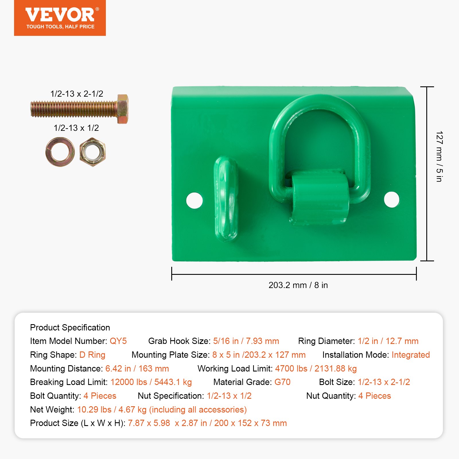 VEVOR 7.93mm Tractor Bucket Hook with Lashing Ring, Grade 70, Steel, Set of 2, Screw-on Grab Hook with Backplate, Compatible with Tractor Buckets, Motorhomes, UTVs, Max. Breaking Strength 5443.1kg