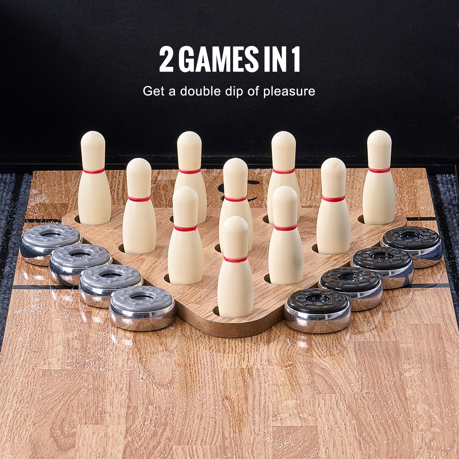 VEVOR Tavolo da Shuffleboard 2,74 m LED Illuminato Shuffleboard per Sala Giochi di Famiglia, 2 in 1 Set di Gioco Shuffleboard Bowling, con Campo da Gioco Antigraffio, Gambe, 8 Dischi, Cera, Spazzola