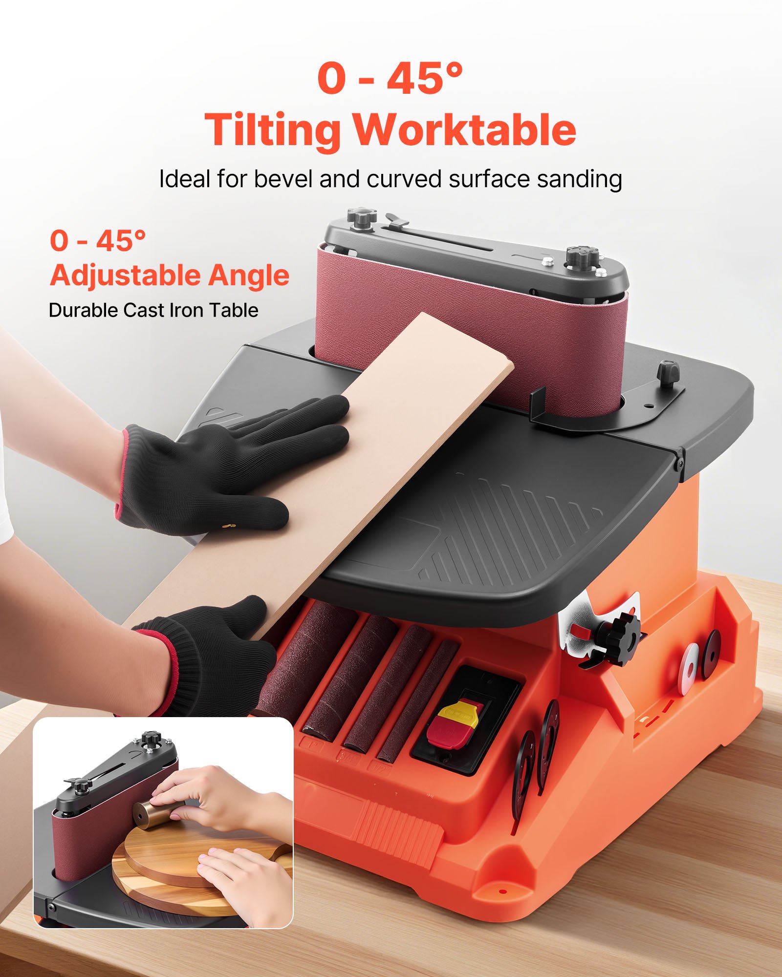 VEVOR Levigatrice a Nastro e Mandrino Oscillante, Smerigliatrice da Banco da 2000 giri/min con Corsa da 16 mm, 5 Manicotti 12,7-50,8 mm e Nastro Abrasivo da 610 x 98 mm per Lavorazione del Legno