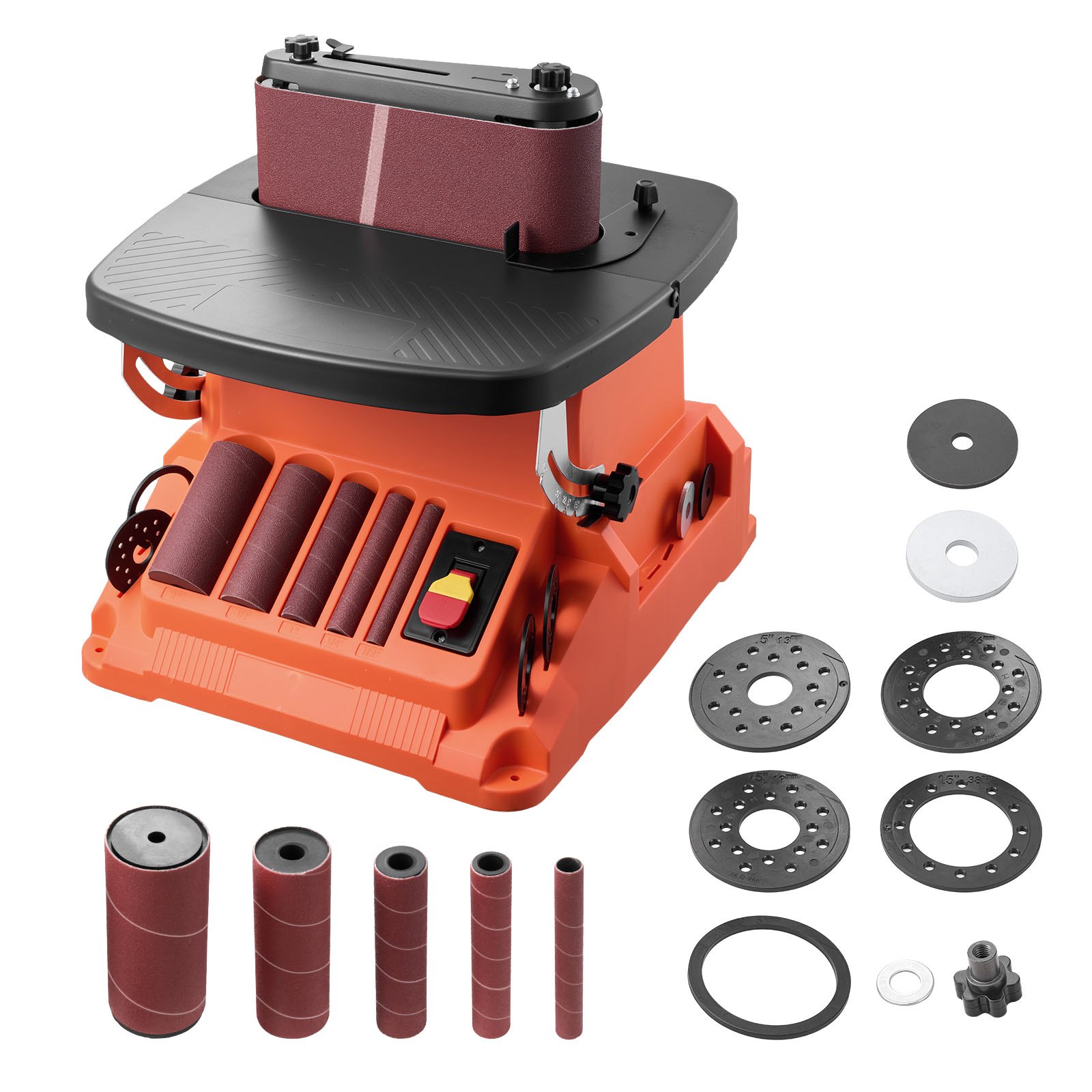 VEVOR Levigatrice a Nastro e Mandrino Oscillante, Smerigliatrice da Banco da 2000 giri/min con Corsa da 16 mm, 5 Manicotti 12,7-50,8 mm e Nastro Abrasivo da 610 x 98 mm per Lavorazione del Legno