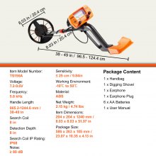 VEVOR Rilevatore per Metalli Sottoterra Bobina Diametro 20,3cm 2 Modalità di Funzione 7,2-9,6 V Lunghezza Asta Regolabile tra 96,5-124,4cm, Metal Detector per Adulti Bobina IP68 Temperatura -10℃ a 50℃