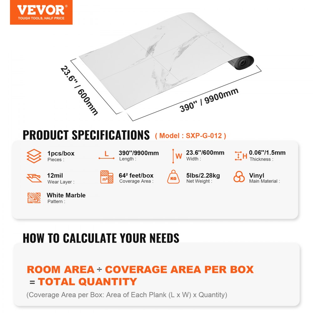 VEVOR Piastrelle per Pavimenti Autoadesive in Vinile 9900 mm x 600 mm Spessore 1,5 mm Struttura Marmo Bianco per Cucina, Sala da Pranzo, Camere da Letto, Bagni, Facili per l'Arredamento della Casa