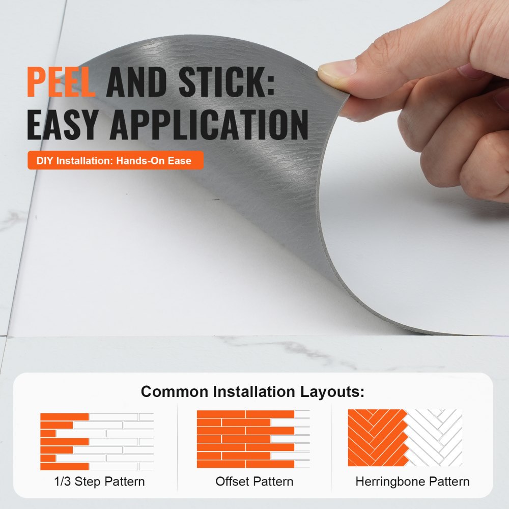 VEVOR Self-Adhesive Vinyl Floor Tiles, 30.5 x 30.5 cm, 50 Pieces, 1.5 mm Thick, Peel and Stick, White Marble Texture, DIY Flooring for Kitchen, Dining Room, Bedroom and Bathroom