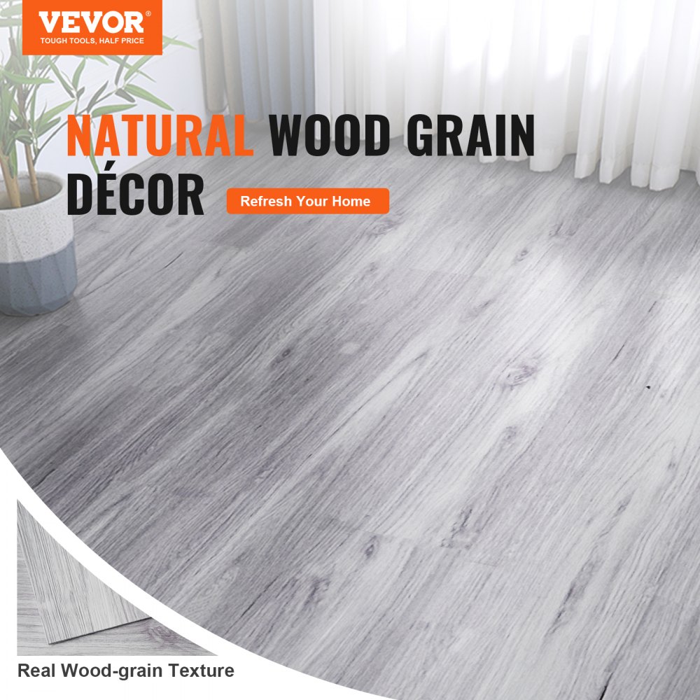 VEVOR Self-Adhesive Vinyl Floor Tiles, 91.4 x 15.2 cm, 20 Pieces, 0.62 mm Thick, Peel and Stick, Light Gray Wood Grain, DIY Flooring for Kitchen, Dining Room, Bedroom and Bathroom