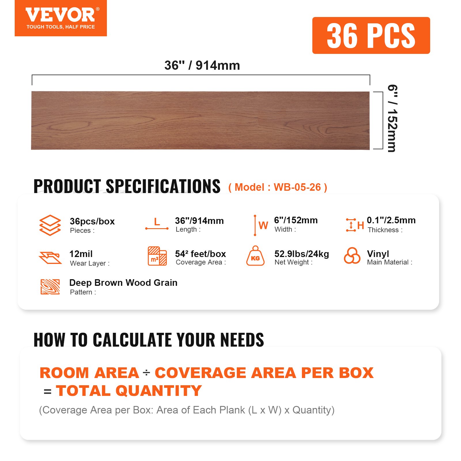 VEVOR Self-Adhesive Vinyl Floor Tiles 91.4 x 15.2 cm, 36 Pieces, 2.5 mm Thick, Peel and Stick, Deep Brown Wood Grain, DIY Flooring for Kitchen, Dining Room, Bedroom and Bathroom