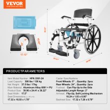 VEVOR Sedia a Rotelle per Disabili Doccia a Rotelle in Alluminio da 440 mm