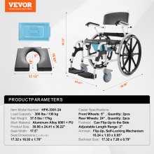 VEVOR Sedia a Rotelle per Doccia, Bagno per Adulti Disabili, Sedia in Alluminio per Doccia Rotolante Regolabile con Freno Capacità 136 kg Larghezza 440 mm Sedia da Trasporto per Comoda da Doccia