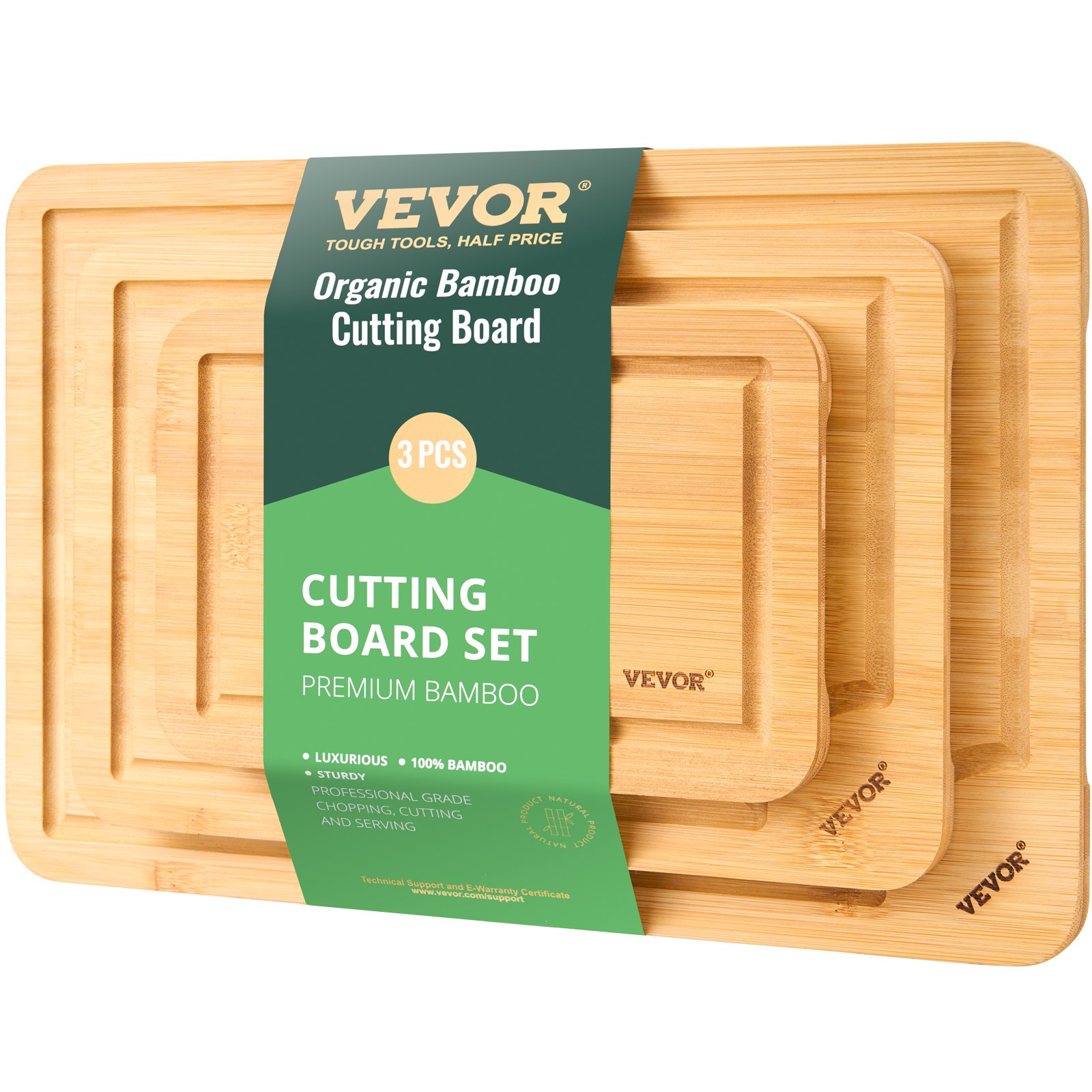 VEVOR Cutting Board Kitchen Board Serving Board 3-Piece Set with Food-Safe Oil & Juice Groove, Durable Cutting Board with Integrated Handle, Suitable for Presenting, Chopping, Serving