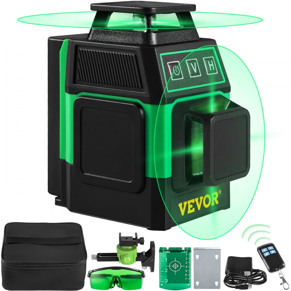 Nivel Láser Rotativo VEVOR Verde/Rojo – Alcance Hasta 500m, Incluye Trípode Y Regla, Ideal Para Construcción Y Bricolaje