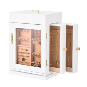 VEVOR Portagioie, Organizzatore Per Gioielli Rotante A 360 Con Porta Magnetica Finestra 4 Ganci Per Collane Incorporati Maniglie In Metallo Imbottitura Fondo Fodera In Flanella Bianco 88726741