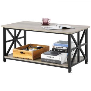 Tavolino Da Caffè GiftGo Industriale Rustico 3 Ripiani – Legno Massiccio E Telaio In Ferro, Marrone 119 Cm