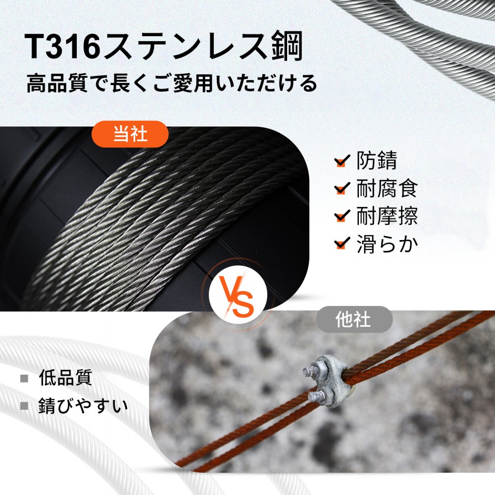 T316 1x19 ステンレス鋼ケーブル 直径3.2 mm ケーブルレール ワイヤーロープ 航空機ケーブル 150 m