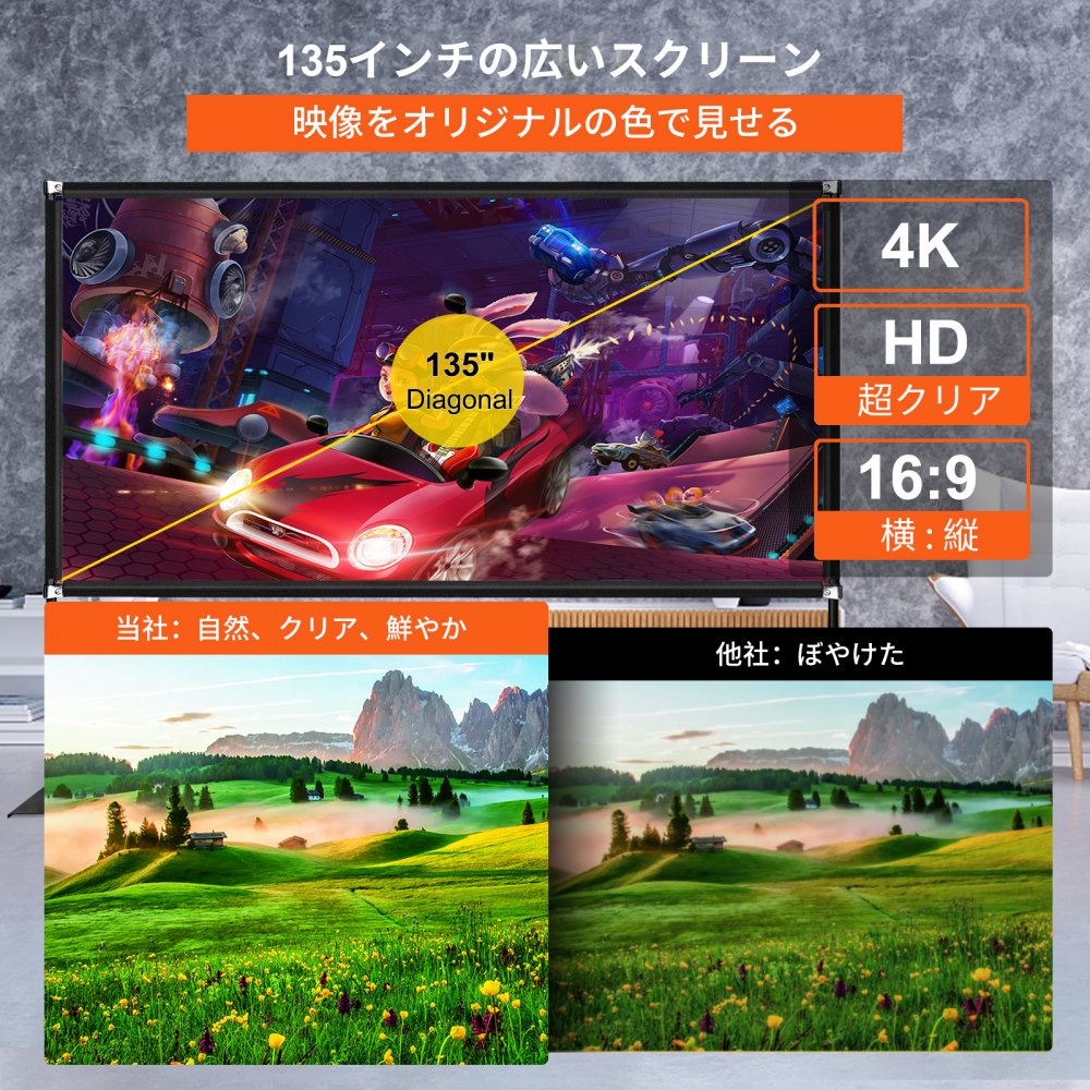 VEVOR 屋外映画クリーン プロジェクタースクリーン スタンド付き 室内室外適用 持ち運び（135インチ）