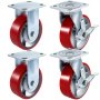 VEVOR 4個（2個ブレーキ、2個リジッド）ポリウレタン スイベルキャスター 15x5cm スチールホイール