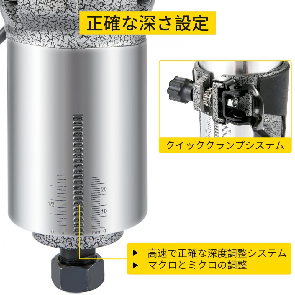 710W 最大トルク 可変速度30000RPM コンパクトルーター プランジベース、チルトベース、オフセットベース、1/4インチ・3/8インチコレット付き